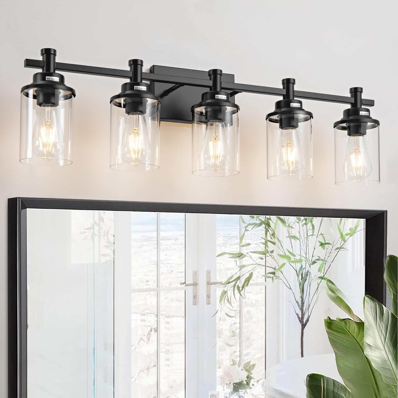 5-Light Black Bathroom Vanity Light, Modern Bathroom Light Fixtures Wall Sconces Over Mirror with Clear Glass Shade