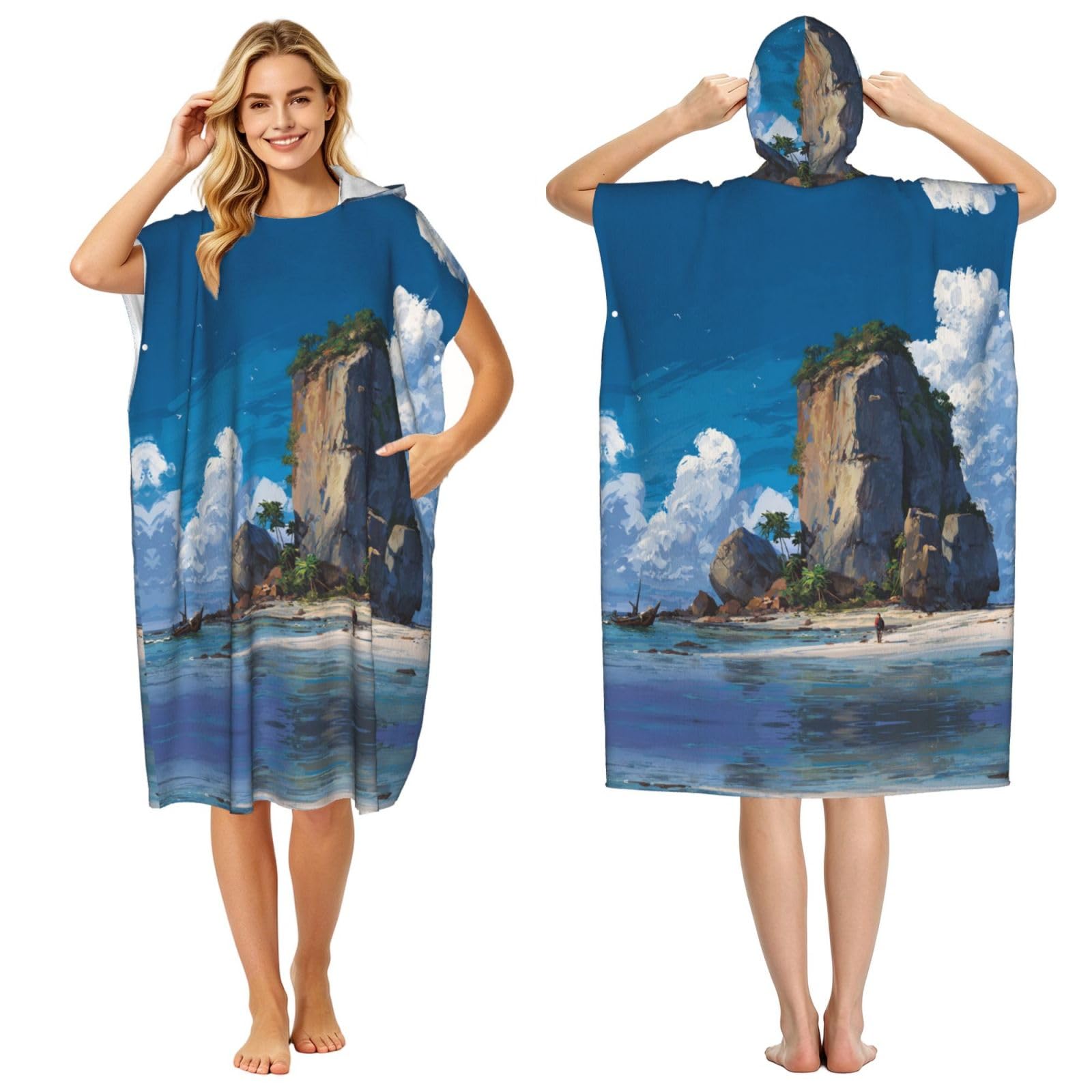ESNAIUVCD Island Scenery Print Changing Robe, Hooded Towel Poncho For Swimming Pool, Beach,Quick Dry Light Weight Towelling Poncho