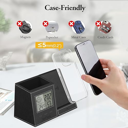 Miniatura 6 de TopMade Cargador inalámbrico con soporte para bolígrafo, organizador de mesita de noche de cuero, suministros de oficina en casa, soporte para