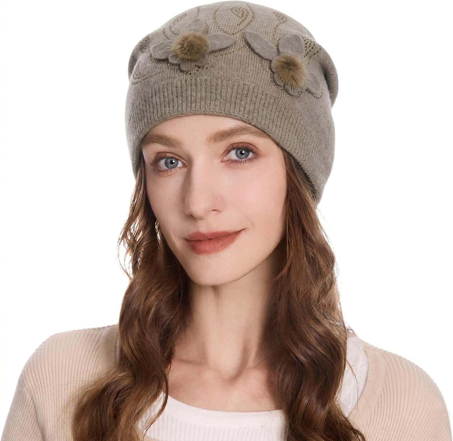 ZLYC Women Floral Slouchy Beanie Hat Double Layer Winter Knit Skull Cap