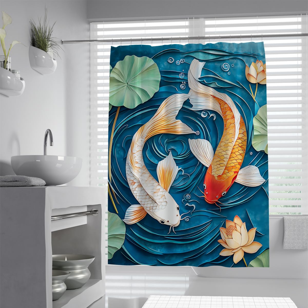 Uiringart Shower Curtains Papercut Carps Bath Curtain W180xl200cm Textured Water Lilies Pond Whirlpool Design Mold Resistant Quick Dry Washable Bathroom Curtains For Bathtub With Hooks
