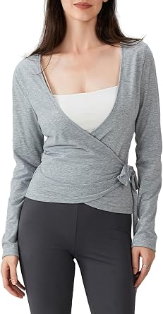 Womens Wrap Tie Top Long Sleeve Ballet Workout Yoga Shirt Y2K Coquette Blouses V Neck Cross Front Shirt