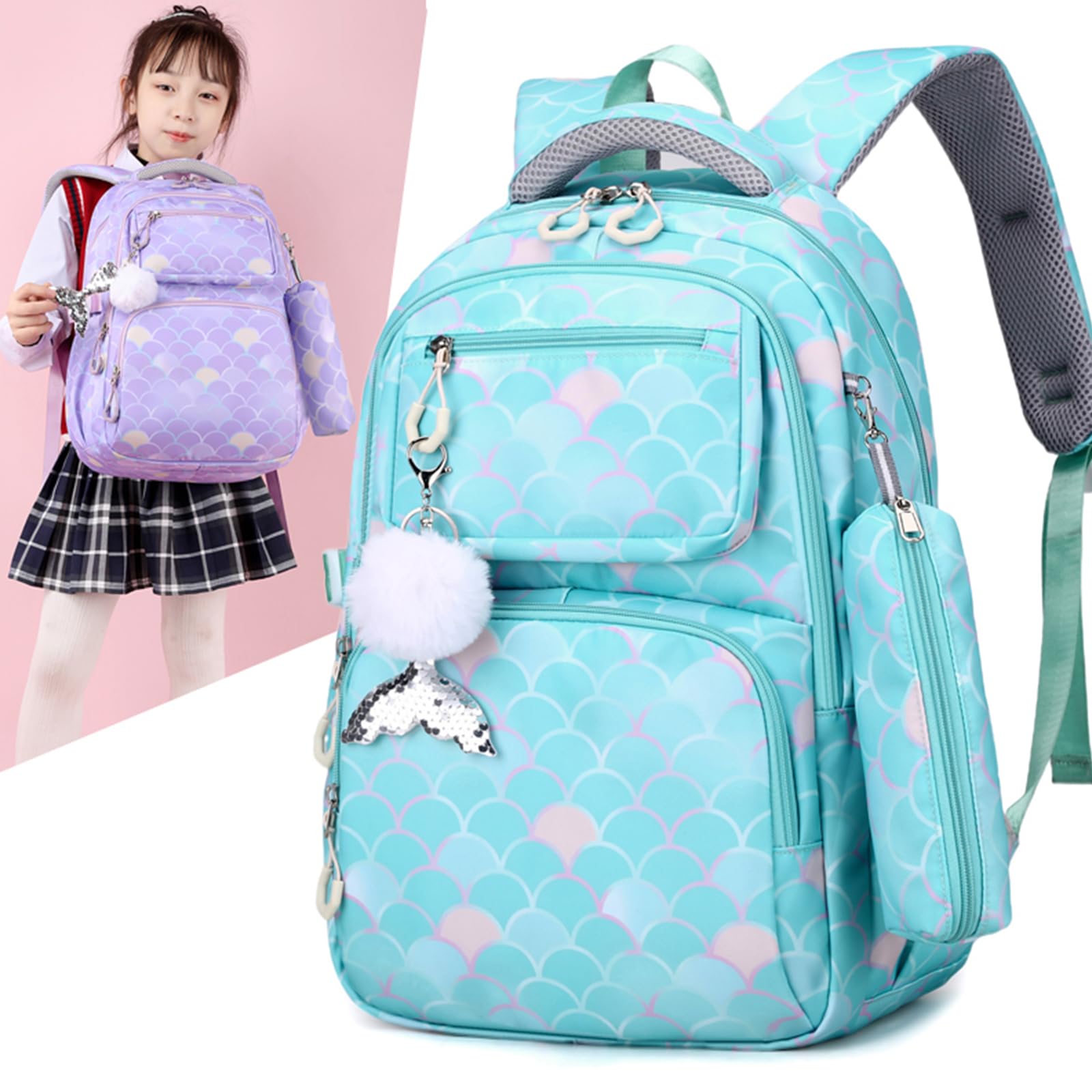 Nylon Rucksack mit Lunchtasche und Federmäppchen Set für Grundschüler, Schulrucksack für Teenager