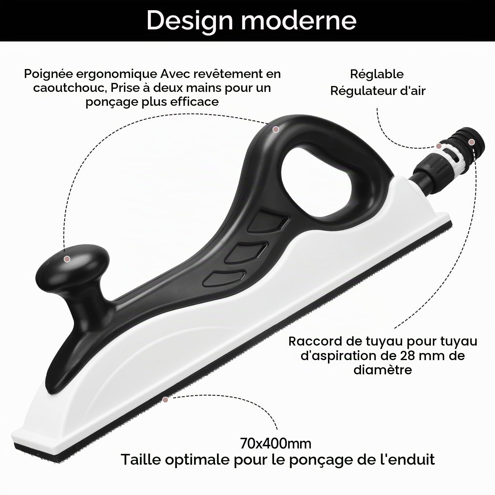 Ponceuse manuelle avec aspiration, 400 x 70 mm, longueur supplémentaire, avec 5 bandes abrasives en maille grain P80, P120, P180, P240, P400, ponçage sans poussière