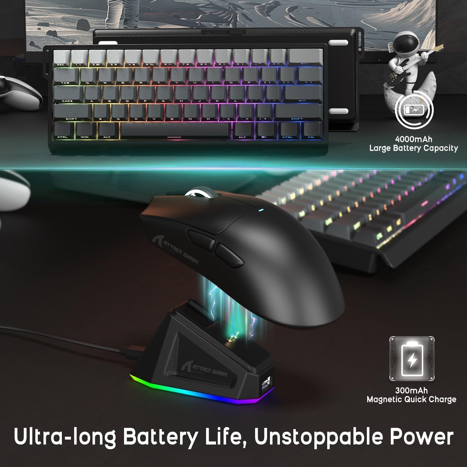 ATTACK SHARK x MAMBASNAKE X11 Souris avec X60HE Clavier Gaming Magnétique, Combo Clavier et Souris Sans Fil, BT/2.4G/USB-C, Déclenchement Rapide, 8000 Polling Rate, 22000 DPI,Souris Ultra-Légère– Noir