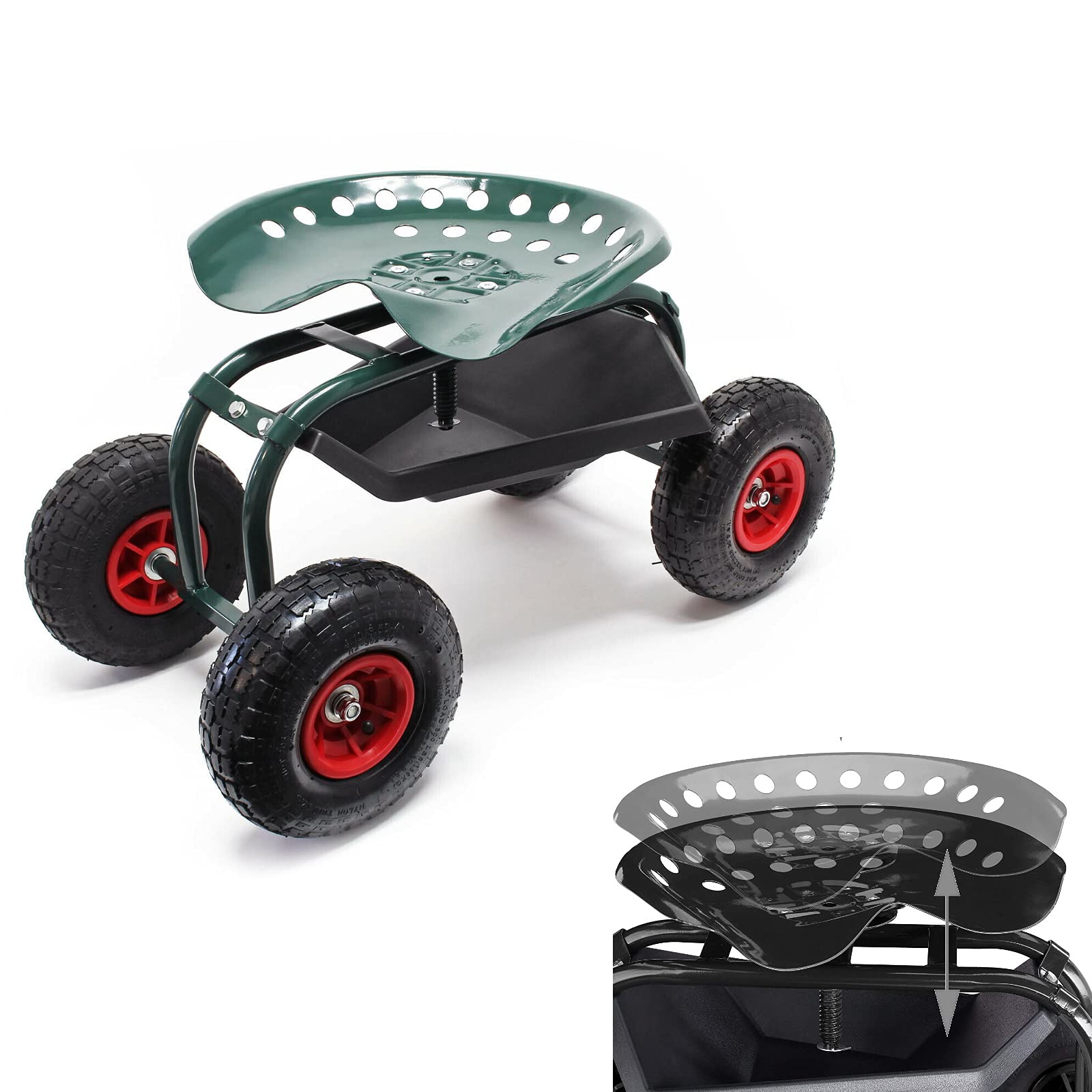 CARRELLO DA GIARDINAGGIO E OFFICINA CON SEDUTA PORTATA MAX 150 KG | SEDIA DA GIARDINO CON 4 RUOTE PNEUMATICHE