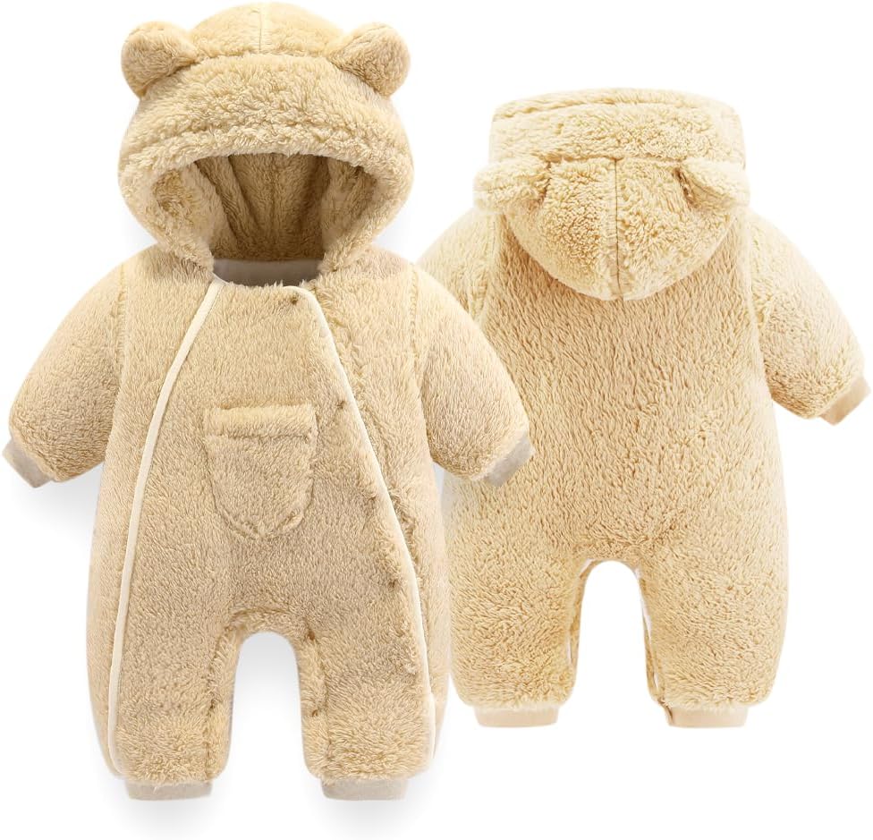 UVIPC Newborn Baby Bear outfit Baby Fleece Snowsuit Jumpsuit Warm Hooded Outfits Double Line Design