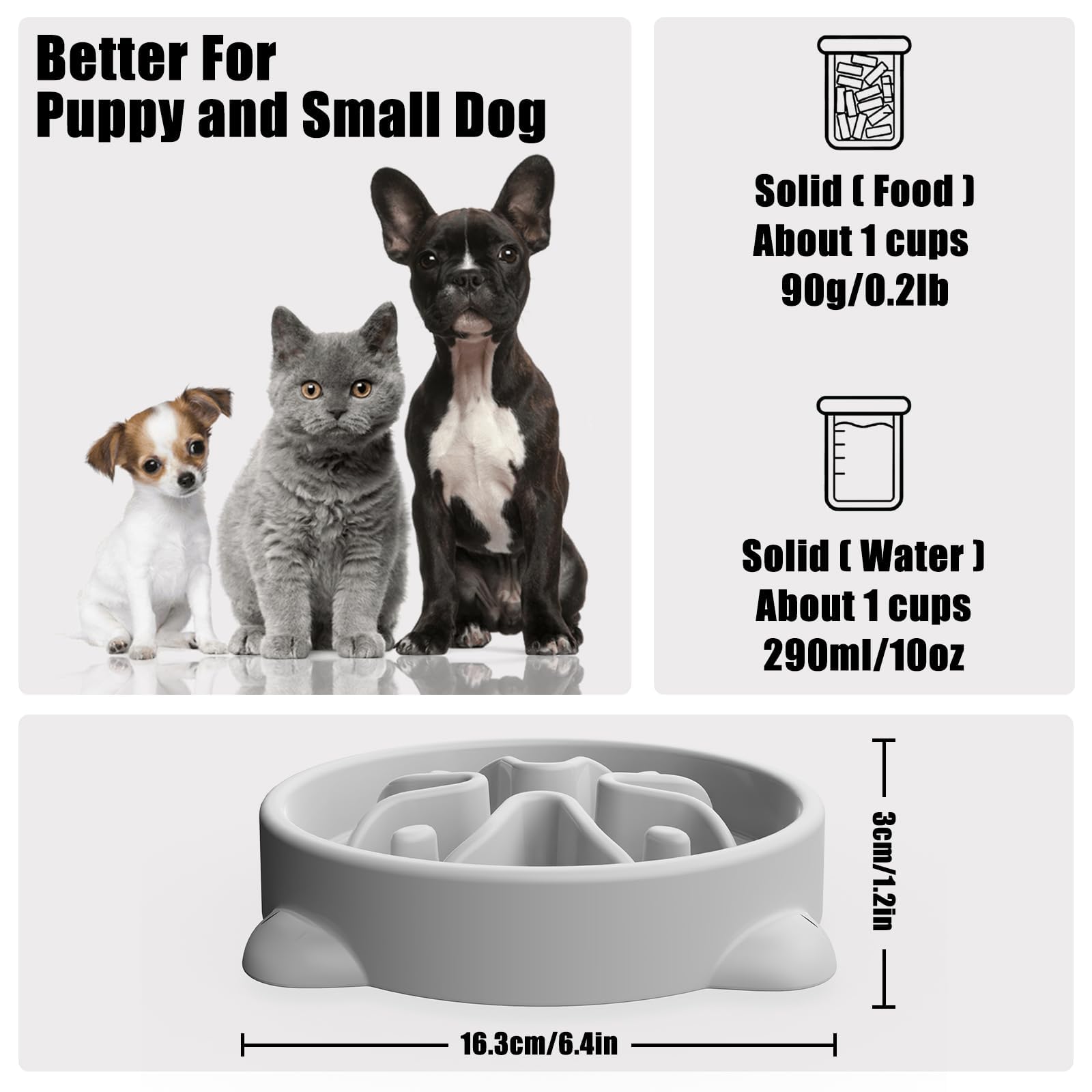 TOKAYIFE Ciotola anti ingozzamento 16.3cm Cibo lento per animali domestici Ciotola per cani e gatti Anti-rigurgito Antiscivolo Durevole (S, Grigio)