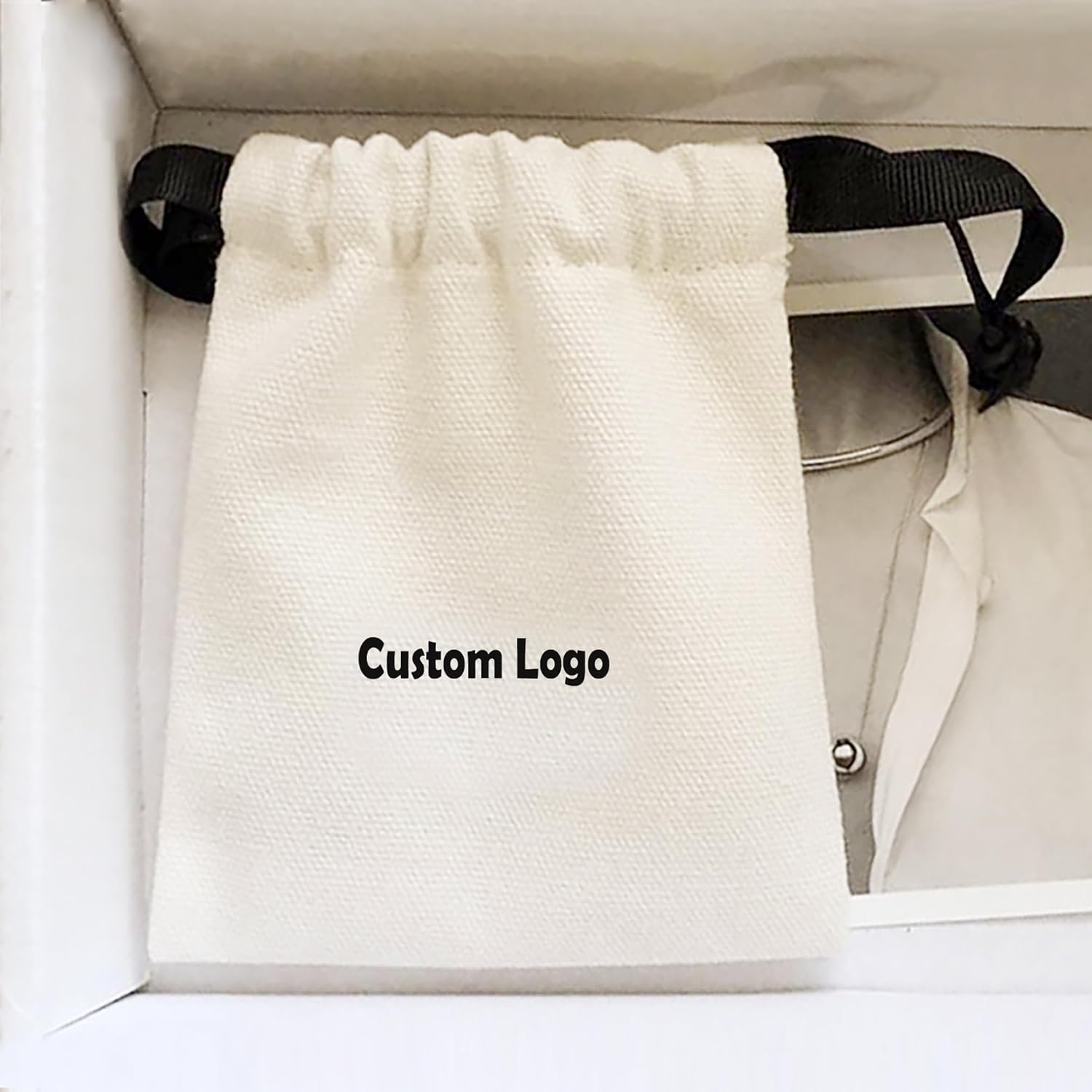 100pcs Custom logo Cotton Canvas Drawstring Bag with grosgrain Ribbon,Natural Cotton Bag,Packaging Bag,Jewelry Pouch