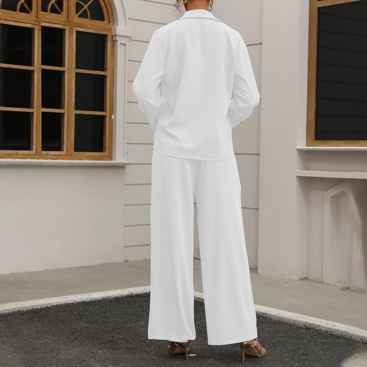 kaimimei Women's Linen 2 Piece Outfits Loungewear Set Button Down Shirt Wide Leg Pants with Pockets Comfortable Casual - Image 4