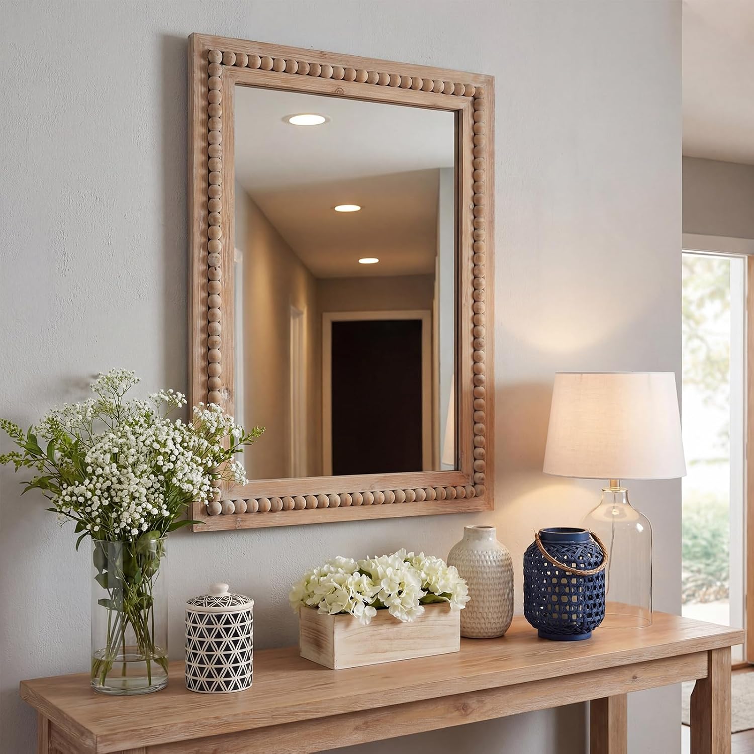 H HOMEWINS Rustic Wooden Mirror,22x30 Inch Farmhouse Boho Bathroom Rectangle Nursery Nature Beads Decor Wall-Mounted Mirror for Bedroom, Living Room,Vanity,Entryway,Over Sink