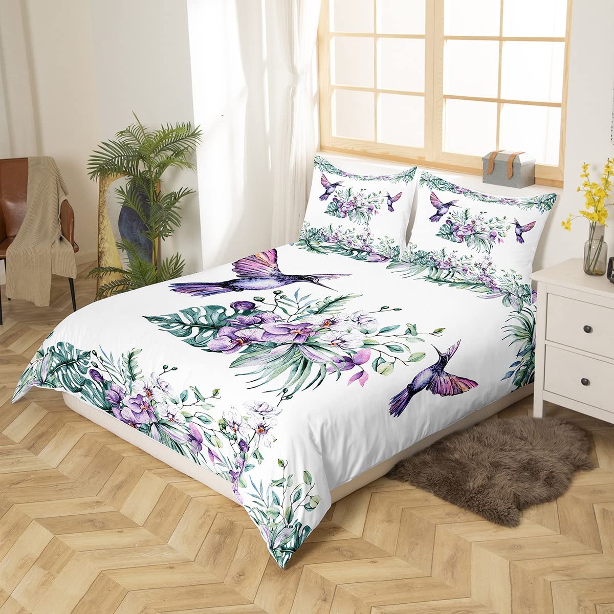 Juego de ropa de cama de colibrí con flores moradas para niños y niñas, funda de edredón con diseño floral de jardín de lavanda, hojas de palma tropicales, juego de cama Super King, decoración de