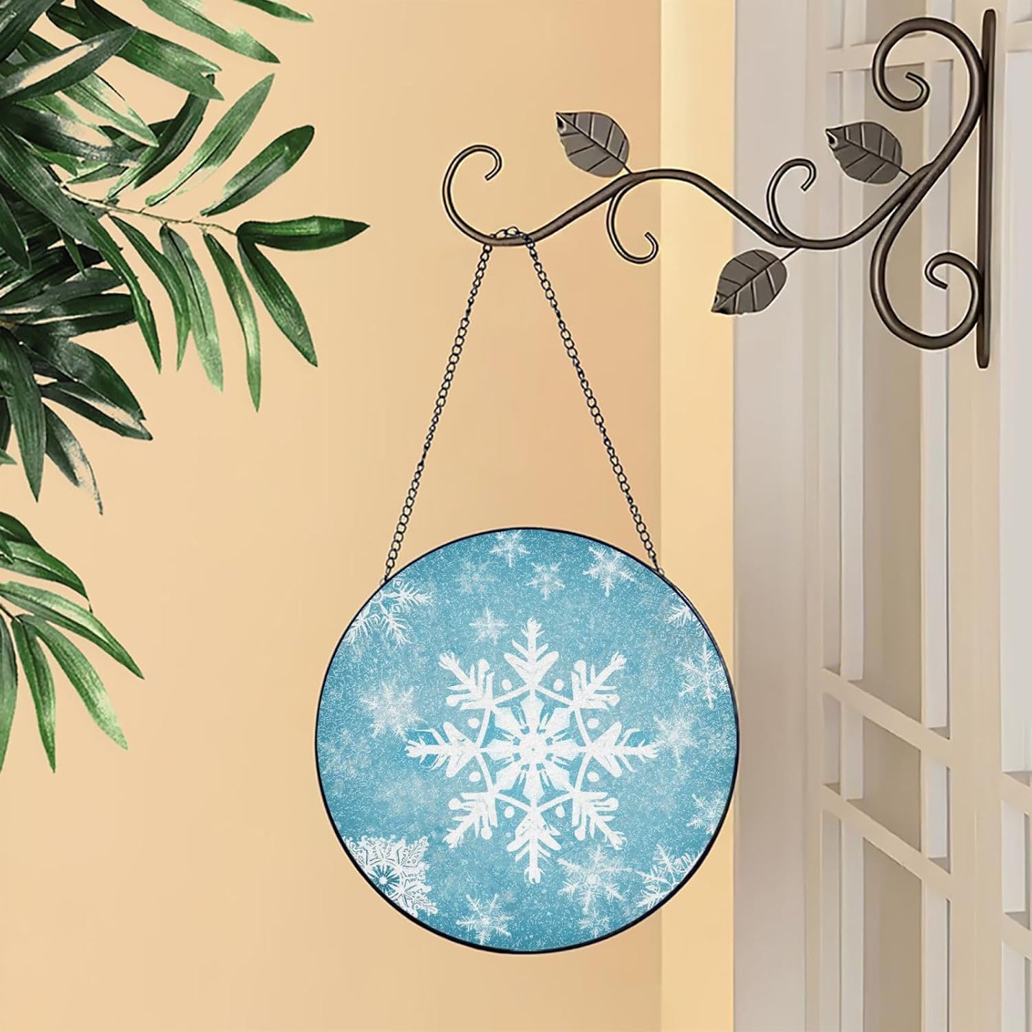 Stained Glass Window Hanging 6in（15cm）, Winter Snowflake Glass Suncatcher for Home Decor, Indoor Wall Art Glass Panel with Metal Chain and Hooks, Sun Catcher Ornament Birthday Gifts
