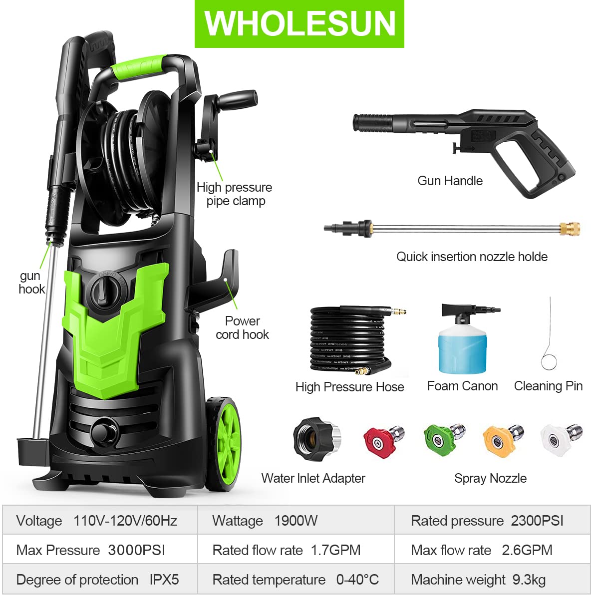 WHOLESUN Pressure Washer, 3000PSI Electric Power Washer, 1900W 2.6 GPM