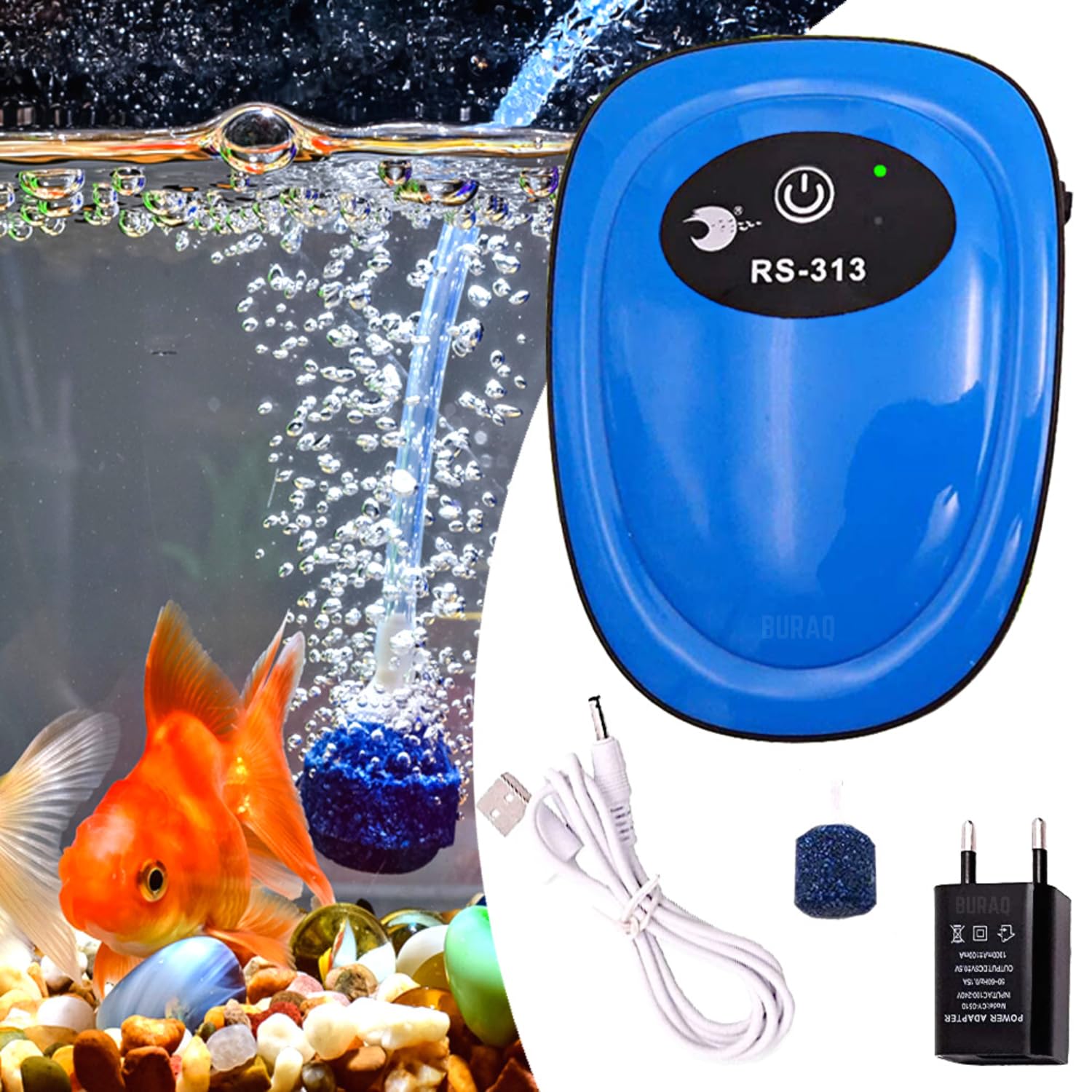 BURAQ Pets USB Rechargeable Ultra Silent Aquarium Air Pump AC/DC Dual Speed Reliable Aquarium Pump, Fish Tank with Airline Tube and Air Stone, 1.5 Liters Per Minute