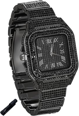 Gold Diamond Watch for Teen Boys - 40mm Roman Numerals Square Dial - 18K Real Gold/Platinum/Rhodium Black Plated 7.3" Strap - Includes Adjuster Tool, Can Paired with Cuban Chain
