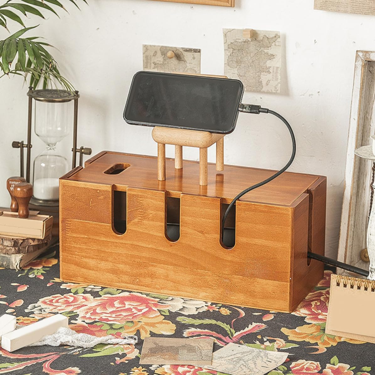 TOYANDONA Caja Organizadora de Cables y Diseño Rústico para Escritorio de Madera Gestión Fácil Adecuado para Oficina y Hogar