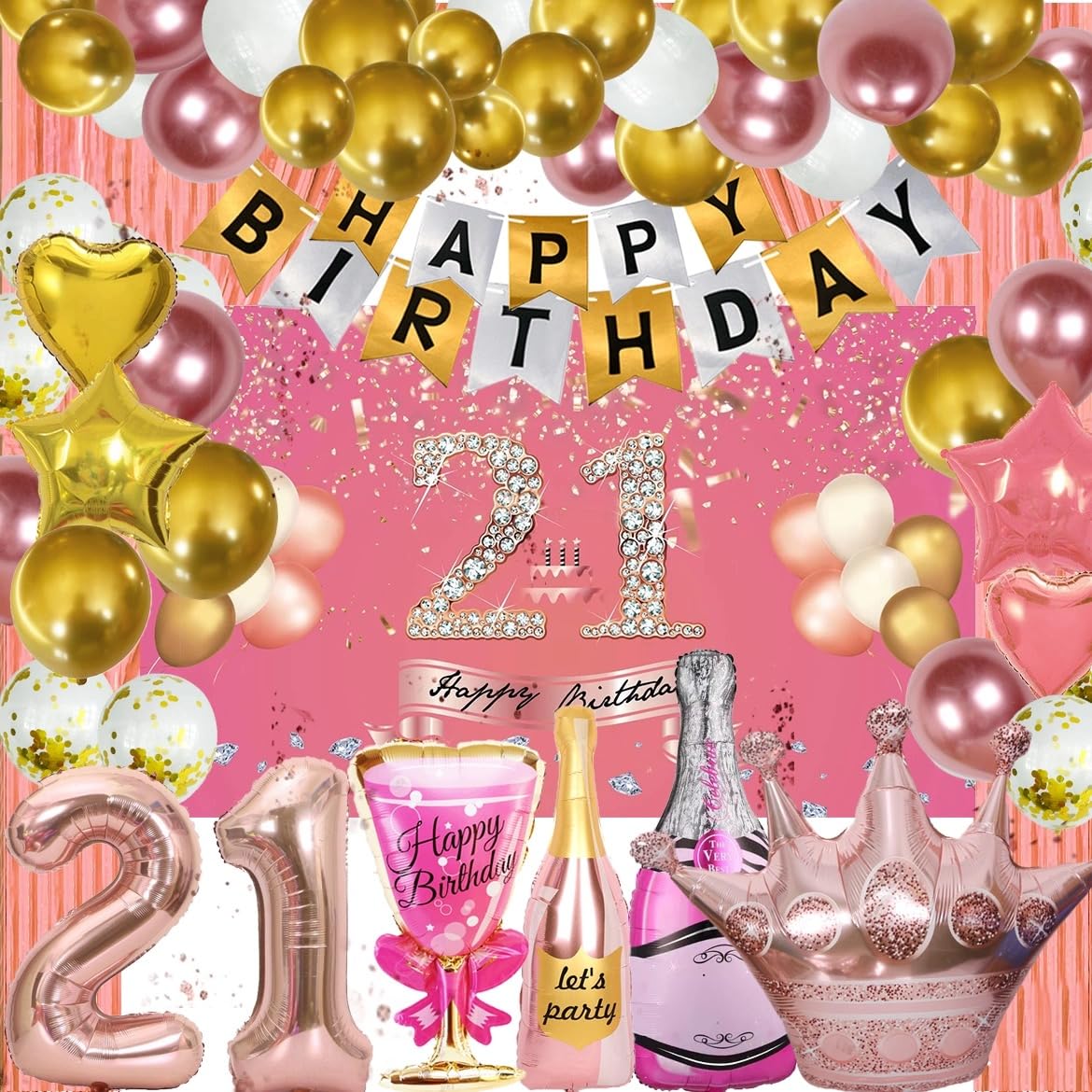 21st Birthday Decorations for Her, Rose Gold Birthday Party Supplies 105 Pieces, 21st Birthday Banner, Star and Wine Bottle Foil Balloons, Confetti Balloons, Background Curtains