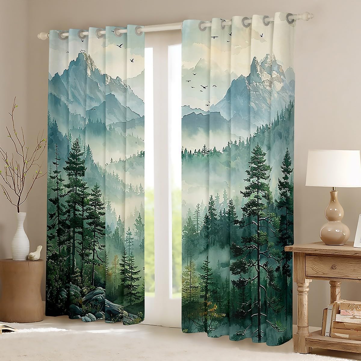 Erosebridal Green Forest Blackout Curtains for Bedroom Living Room Woodland Mountain Window Curtains 2 Panels 38" Wx45 L Watercolor Pine Tree Drapes,Nature Aesthetics Window Treatments