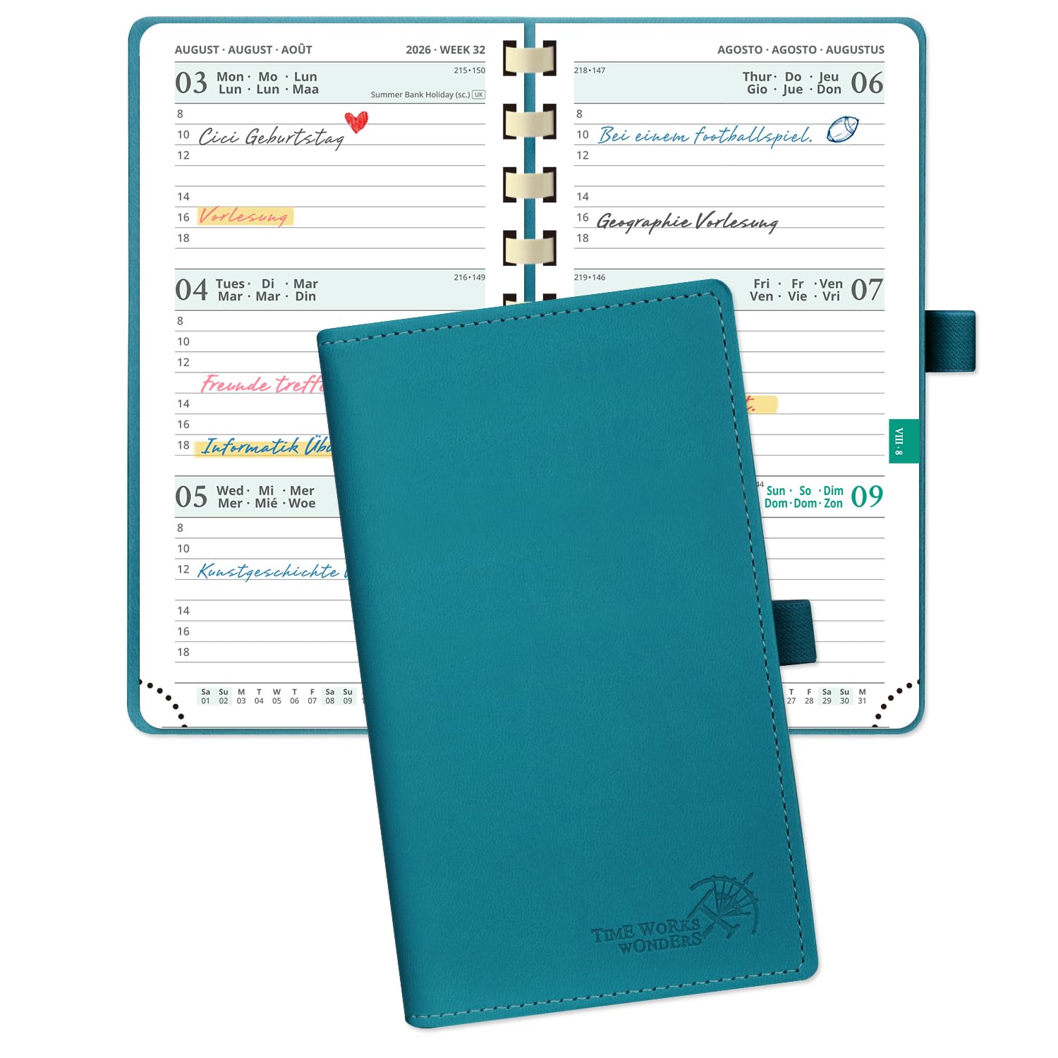 POPRUN Taschenkalender 2026 2027 Klein 16,5 x 9 cm (Aug.2026-Dez.2027) - Kalender 2026 2027 Klein mit PU-Leder - Terminplaner, Planer 1 Woche 2 Seite mit Stiftschlaufe