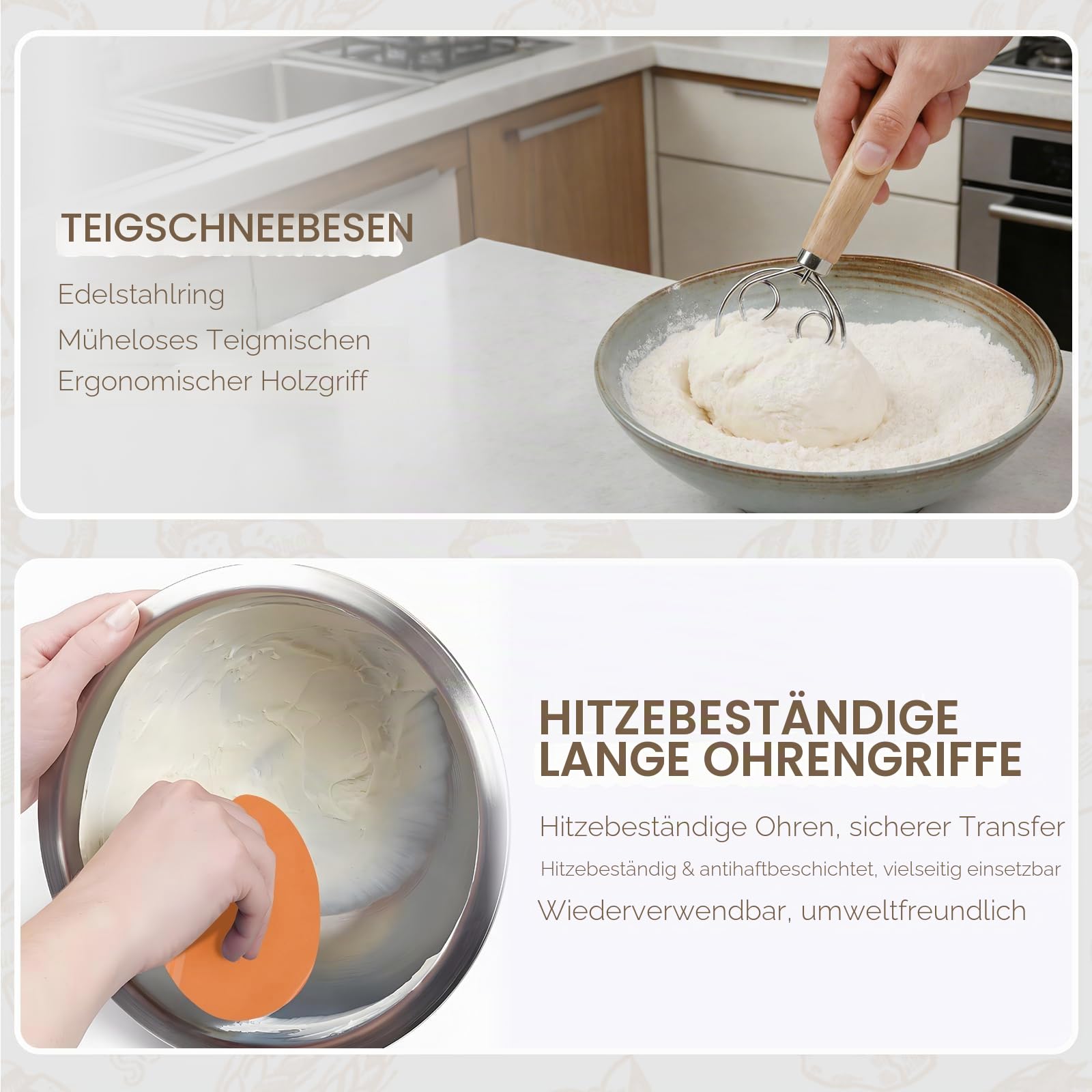 Starter-Set für natürliches Sauerteig. Runder und ovaler Korb für natürliche Fermentation, 100% natürliches Rattan, 600 ml Mutterteig-Topf, Brotmesser, Teigpeitsche