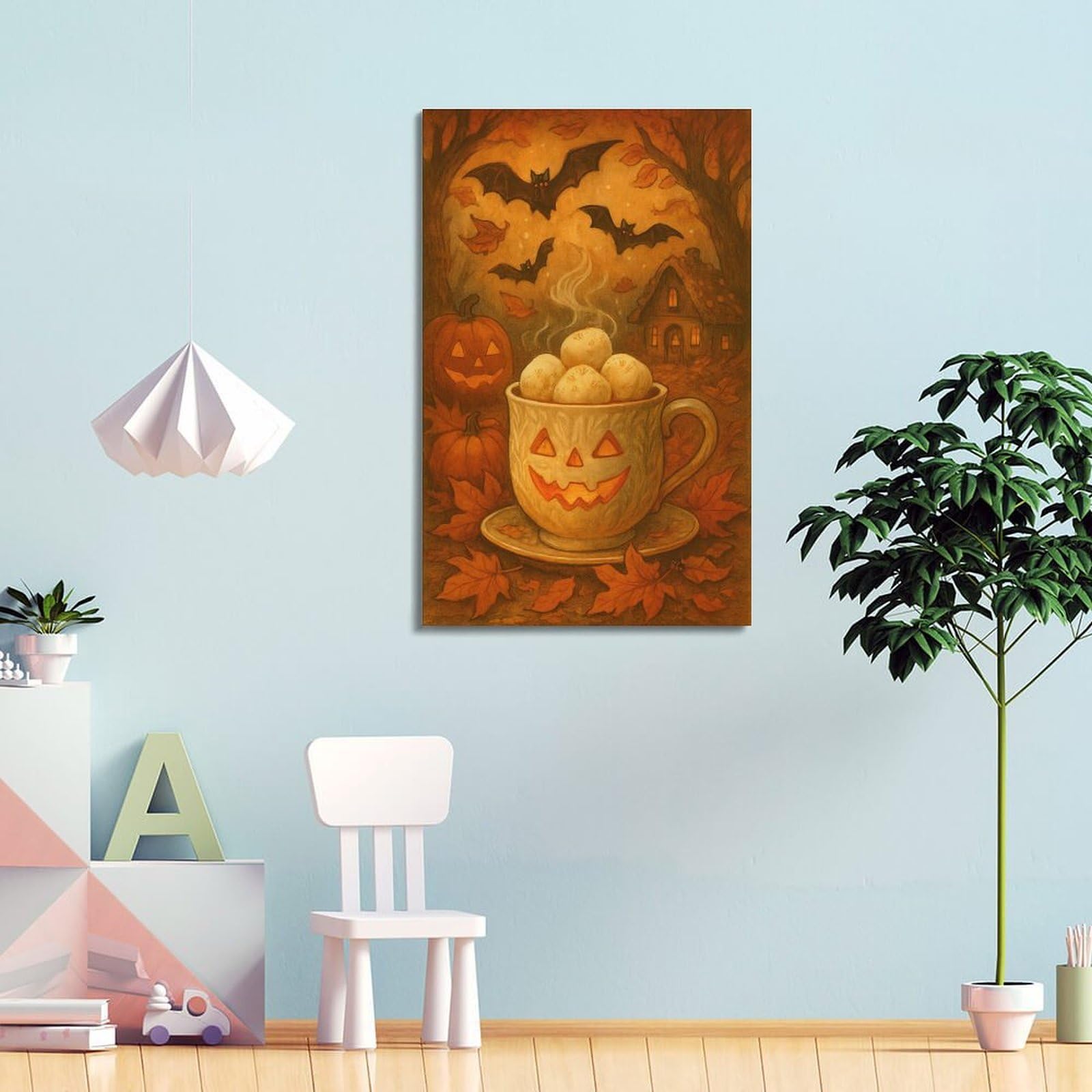 Poster moderno da parete su tela, stampa artistica da parete, poster di Halloween, tazza di zucca, bevande calde e ha un senso del festival, decorazioni per Halloween, 50 x 75 cm, con cornice