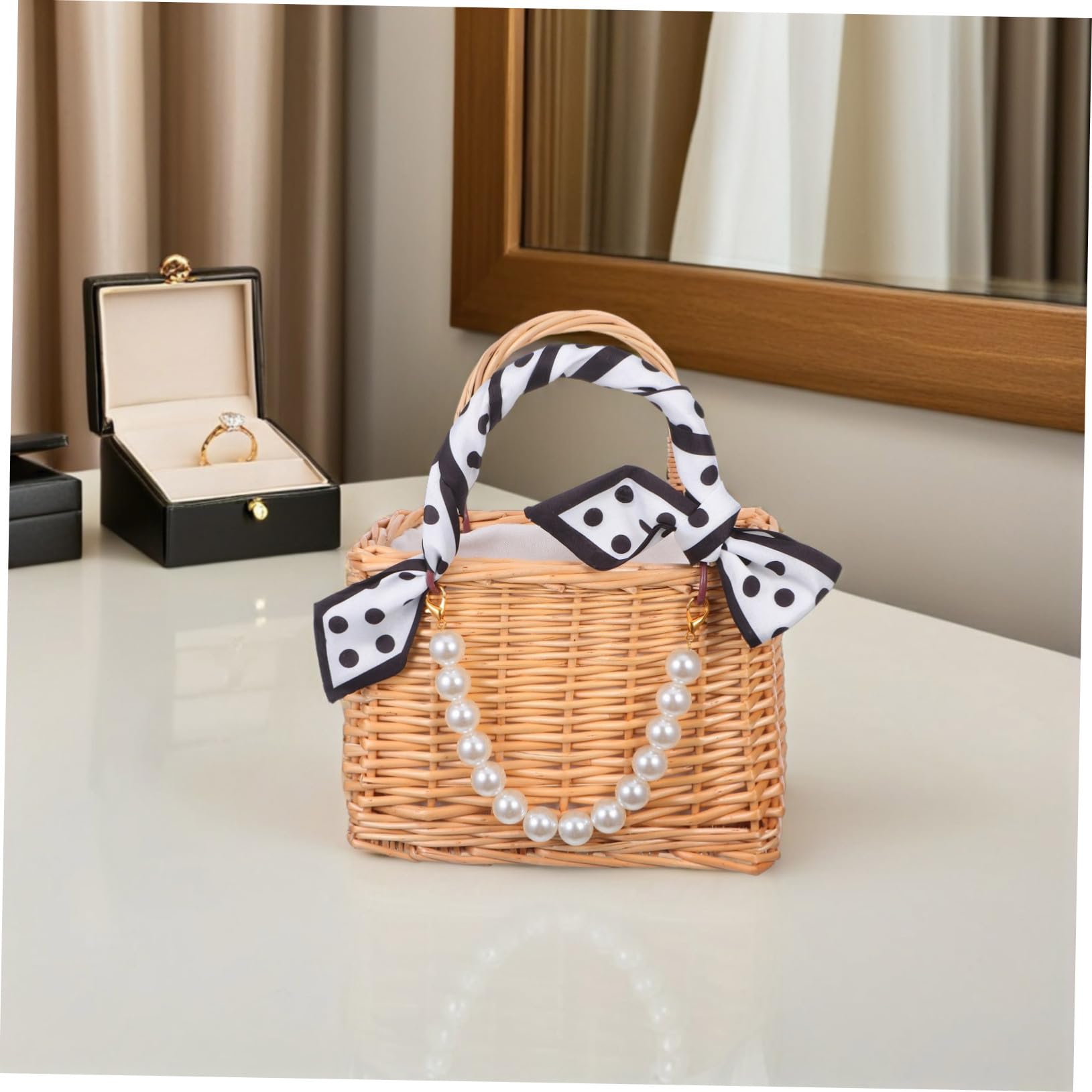 ABOOFAN Rattan Woven Handbag con Asa de Perlas Falsas Bolso Mano Versátil para Bodas Playa y Decoración del Hogar Diseño Abierto para Fácil
