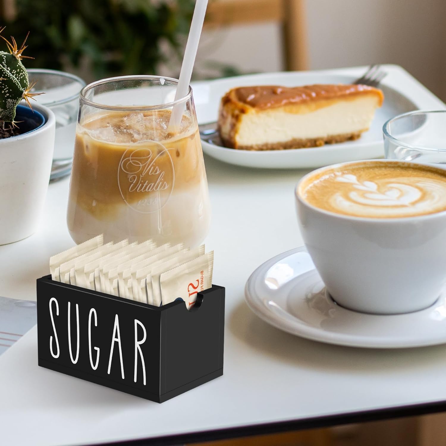 Sugar Packet Holder For Coffee Bar,Wood Sugar Packets Caddy, Farmhouse Sugar Cube Holder, Small Sugar Container Tea Bag Organizer for Table, Office,Hotel, Restaurant (Black)