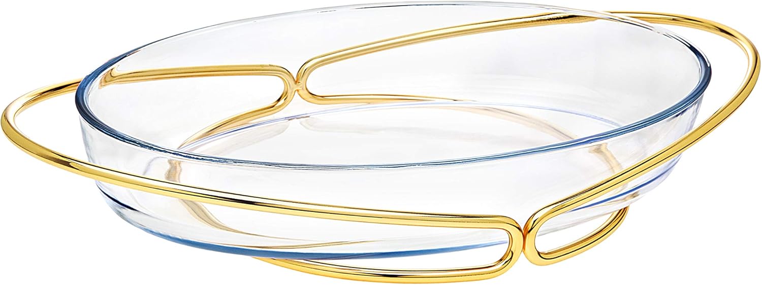 Godinger Oven to Table Glass Oval Baker, Warmer, Serving Piece with Woven Gold Base - 4 QT