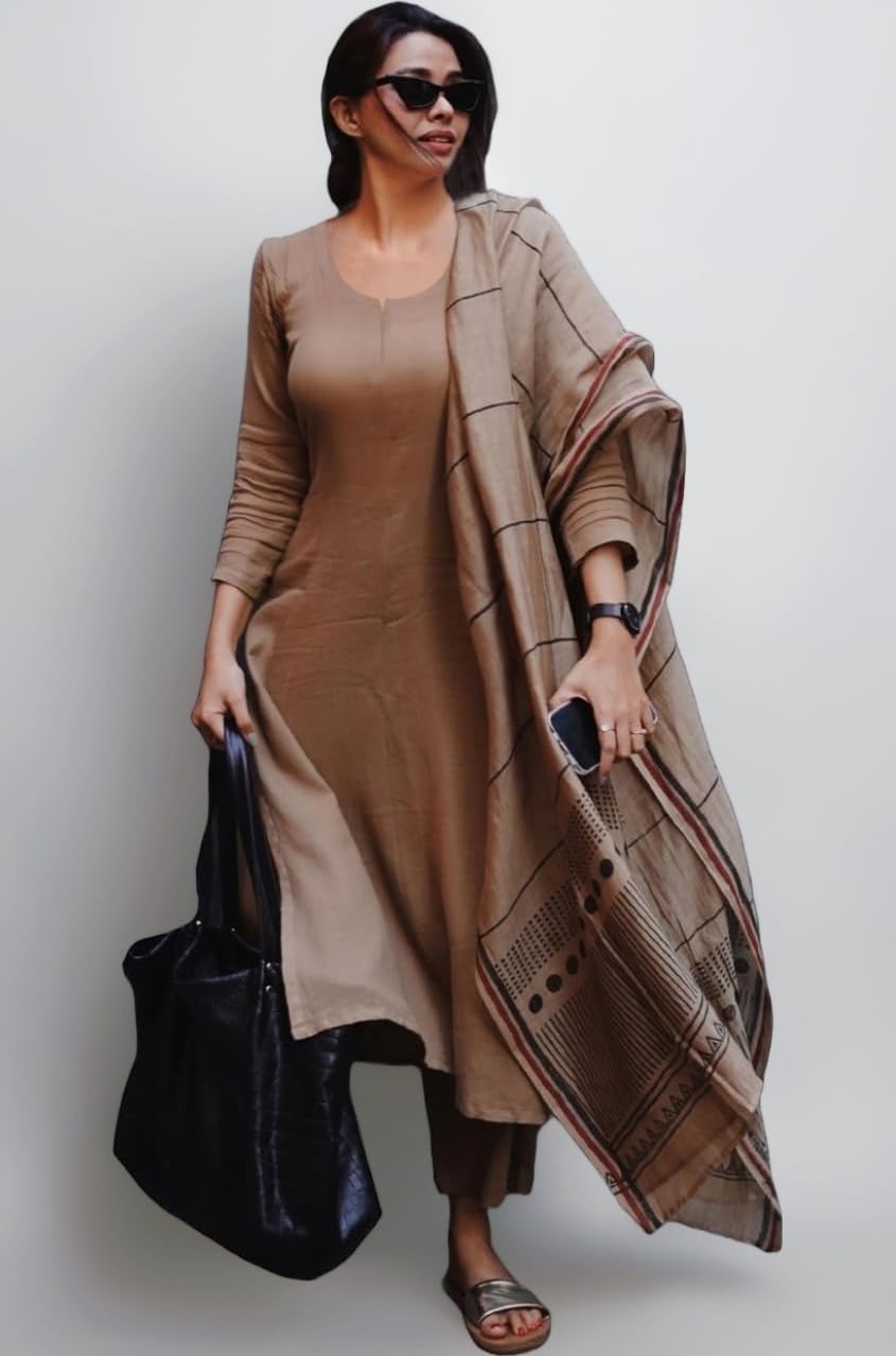 Women's Rayon Blend Solid Straight Kurta with Pant & Dupatta