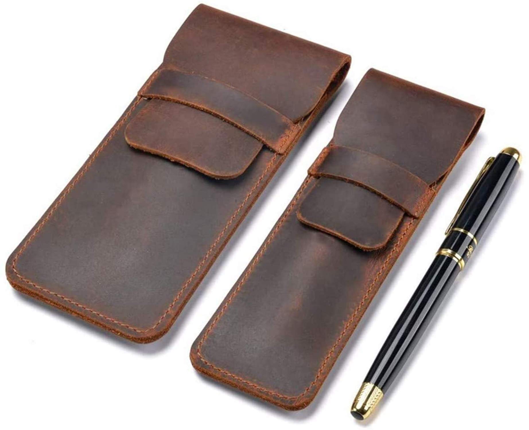 Genuine Leather Pen Case Holder, Handmade Fountain Multi Pens Pouch, Crazy Horse Leather Pen Protective Sleeve Cover Pack, Convenient To Carry Around, Not Easy To Lose The Pen. Color Brown
