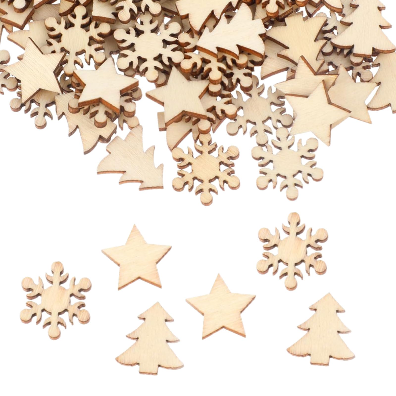 100 Piezas Mini Rebanadas Navideñas de Madera Sin Terminar, con Copos de Nieve de Madera Rebanados, Árboles de Navidad de Madera Rebanados, Estrellas de Madera Rebanadas