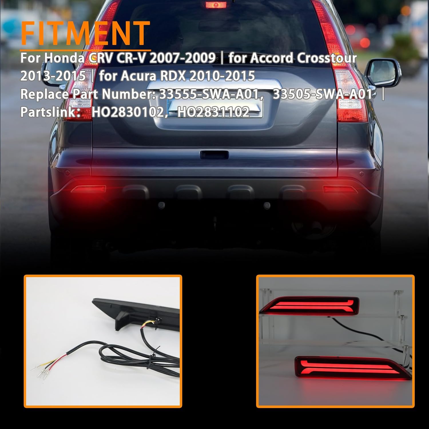 LED Rear Bumper Reflector Light Fog Light DRL Lamp Feature Kit for Honda CRV CR-V 2007-2009｜Accord Crosstour 2013-2015｜Acura RDX 2010-2015, Replace Rear OEM Reflector Panel (Red)