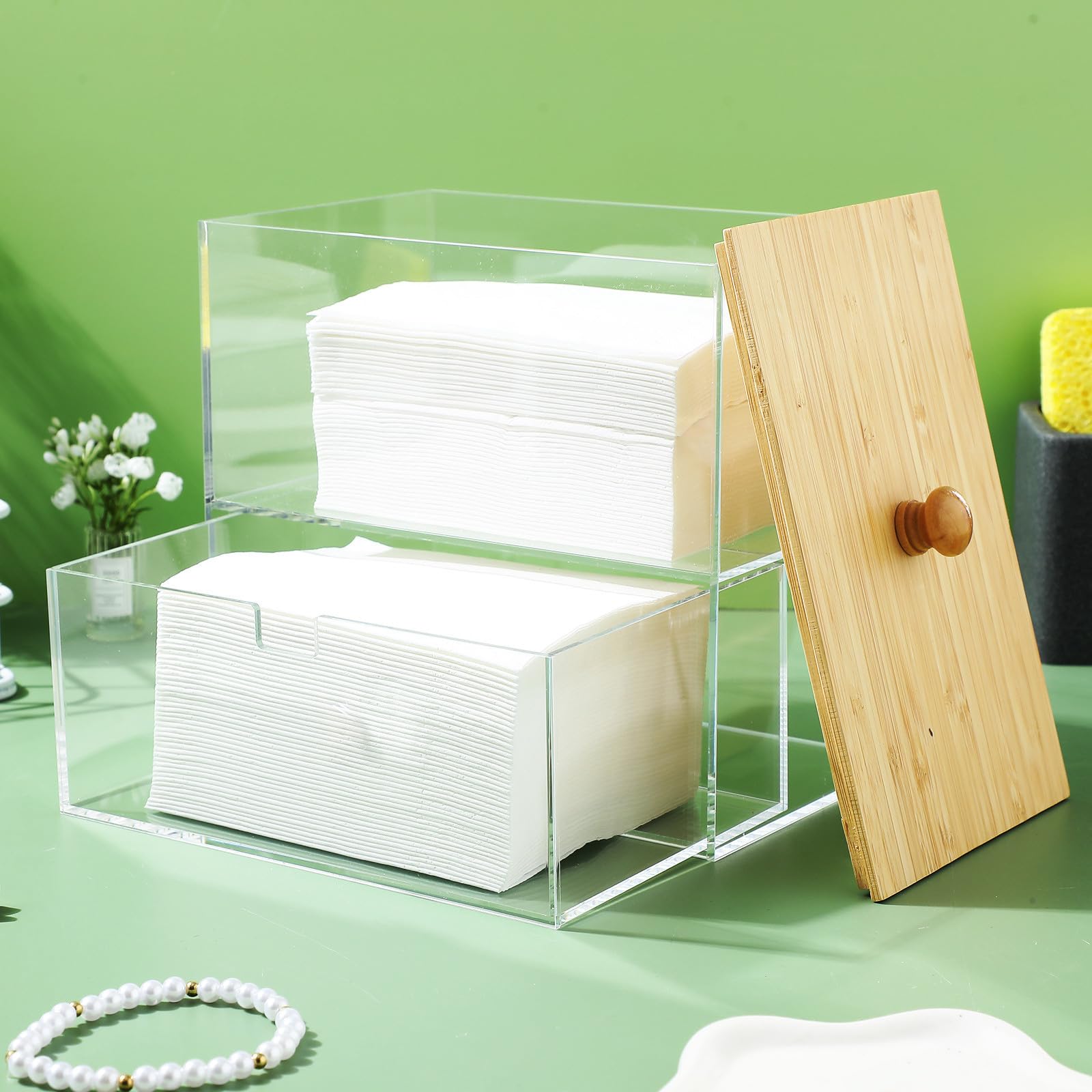 Aufbewahrungsbox mit Deckel mit Bambusdeckel für Waschmittelkapseln Doppelstöckig und Acrylmaterial für Wäscheorganisation im Wäscheraum