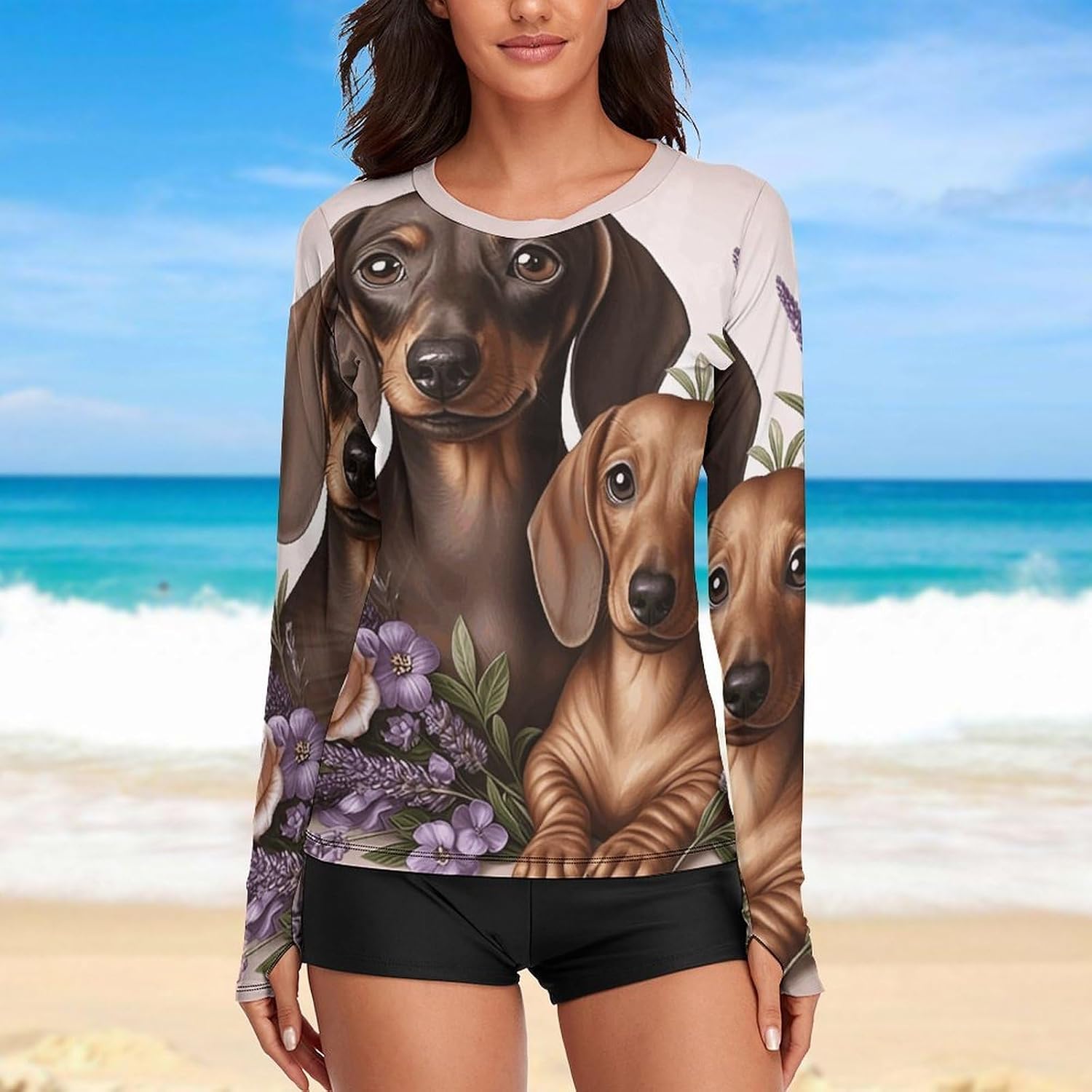 Lavender and Dachshund Rash Guard for Women UPF 50+ UV Sun Protection | Long Sleeve Workout Top Quick Dry Athletic Hiking Shirt Moisture Wicking Swim Shirt for Running, Cycling, Swimming