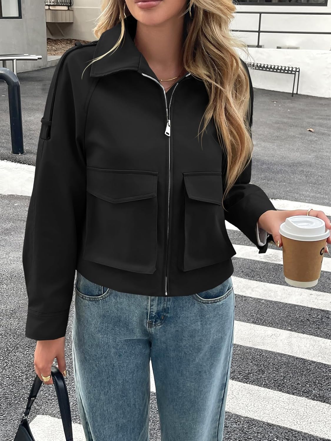 Tankaneo Womens Cropped Casual Jackets Zip Up Lightweight Utility Anorak Coat Military Safari Short Jacket with Pockets - Image 2