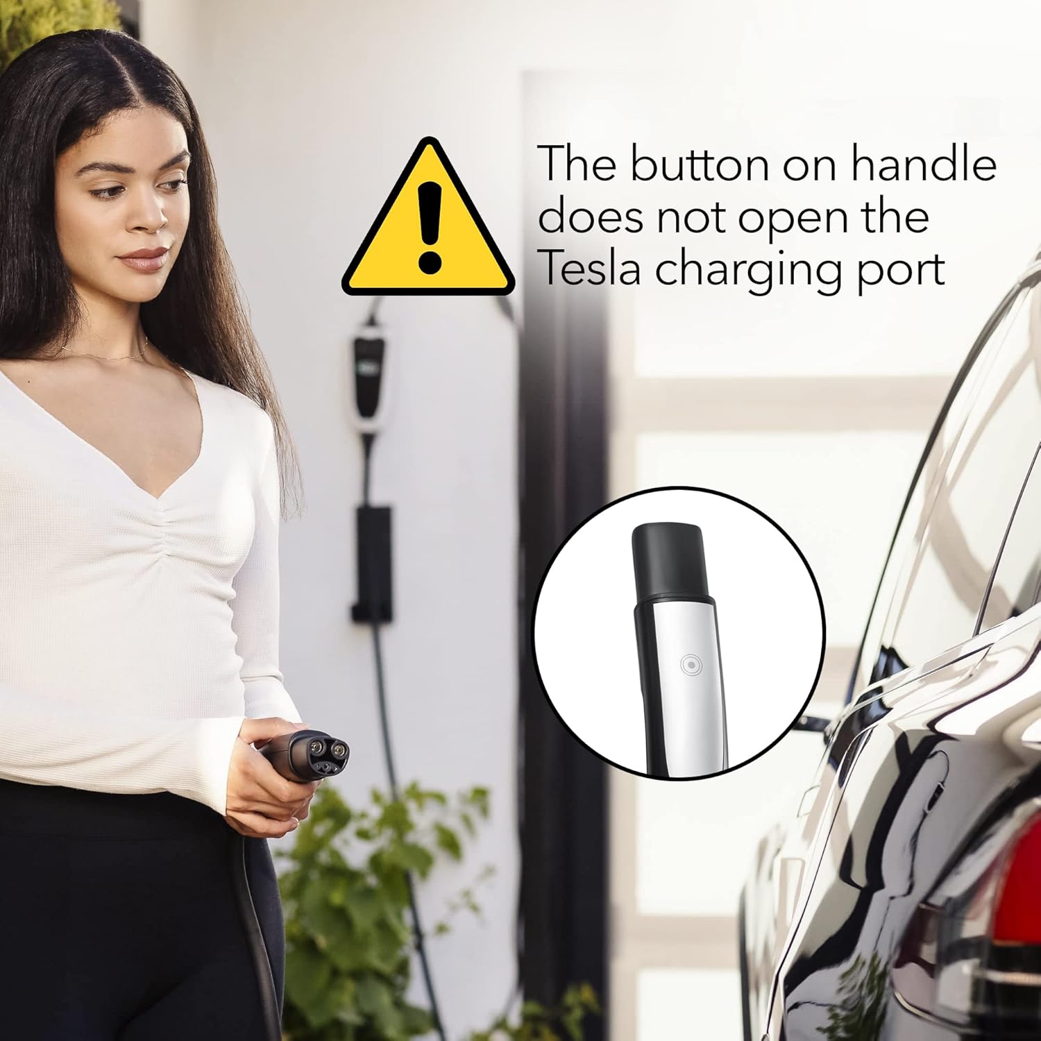 Woman holding charger, with a warning that the button on the handle does not open the Tesla charging port