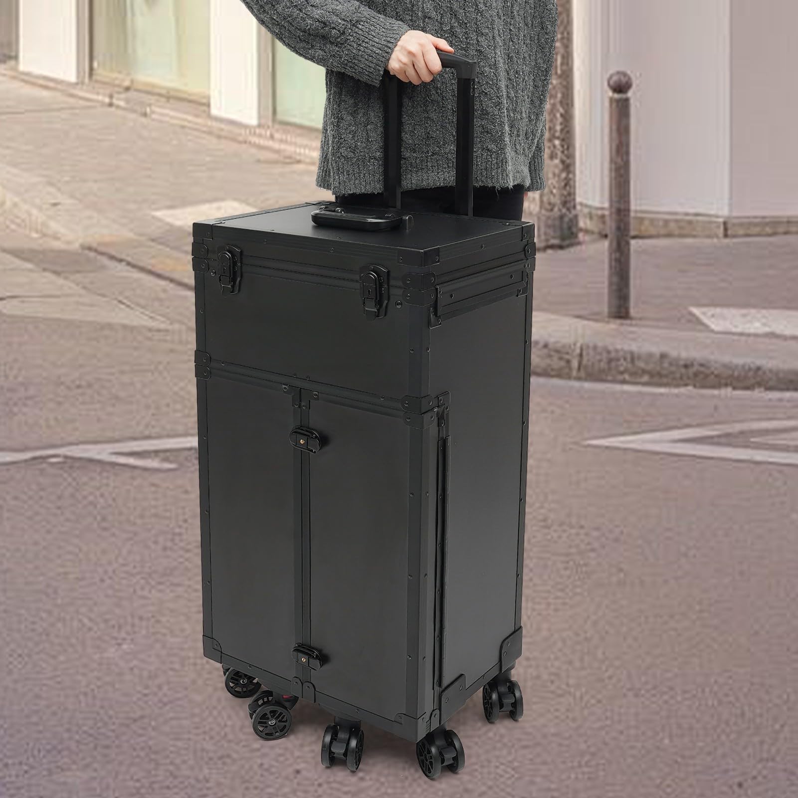 Makeup Koffer Kosmetikkoffer Schminkkoffer Groß Visagistenkoffer Beautycase Beauty Koffer für Make-up Artist Friseurkoffer Aluminiumlegierung mit 6 Universalrädern 4 Schlüsseln