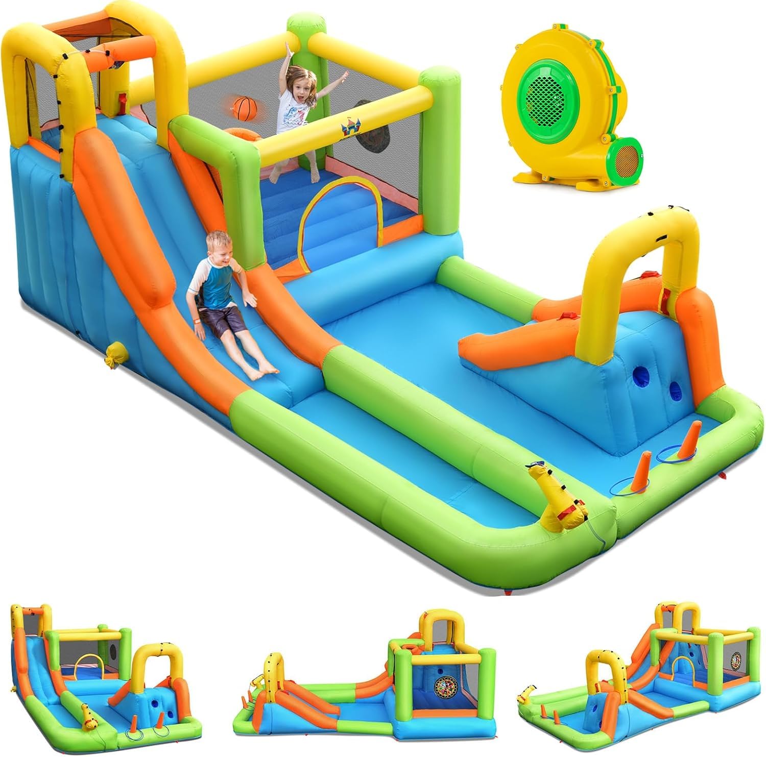 GOPLUS 7 en 1 Château Gonflable Aquatique Toboggan avec Souffleur 680W