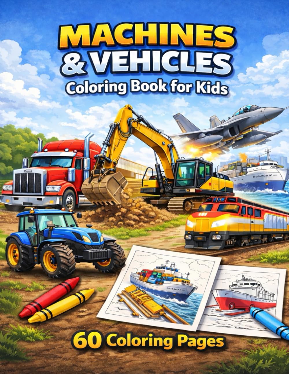Machines and Vehicles Coloring Book for Kids: 60 Pages
