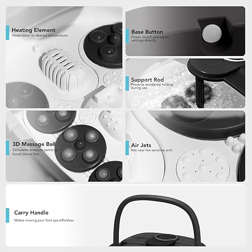 Miniatura 13 de KNQZE Spa de pies plegable con calor, control remoto, control de temperatura, burbujas, piedra pómez, luz roja, temporizador, 16 rodillos de masaje