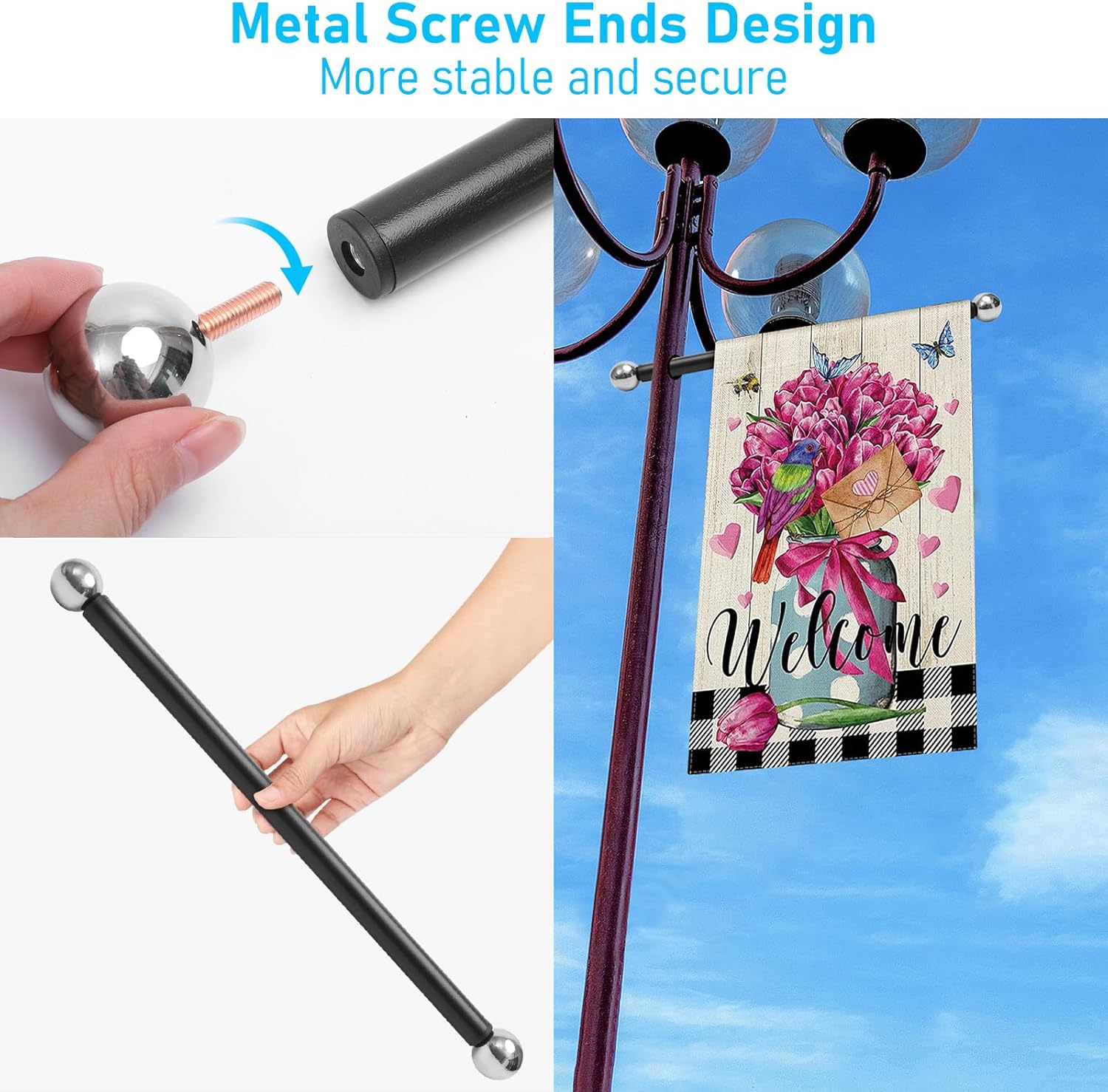 2 Pack Replacement Cross Arm, 16 Inch Outdoor Lamp Post Cross Arm with Screw End Balls, Easy to Fix Black Pole End Lamp for Garden Flags, Hanging Basket, Sign Boards, Holiday Decoration