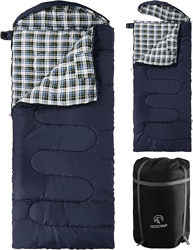 Vista 64 de REDCAMP Saco de dormir de franela para adultos, cómodos sacos de dormir de algodón para acampar con capucha desmontable, rojo/gris/azul