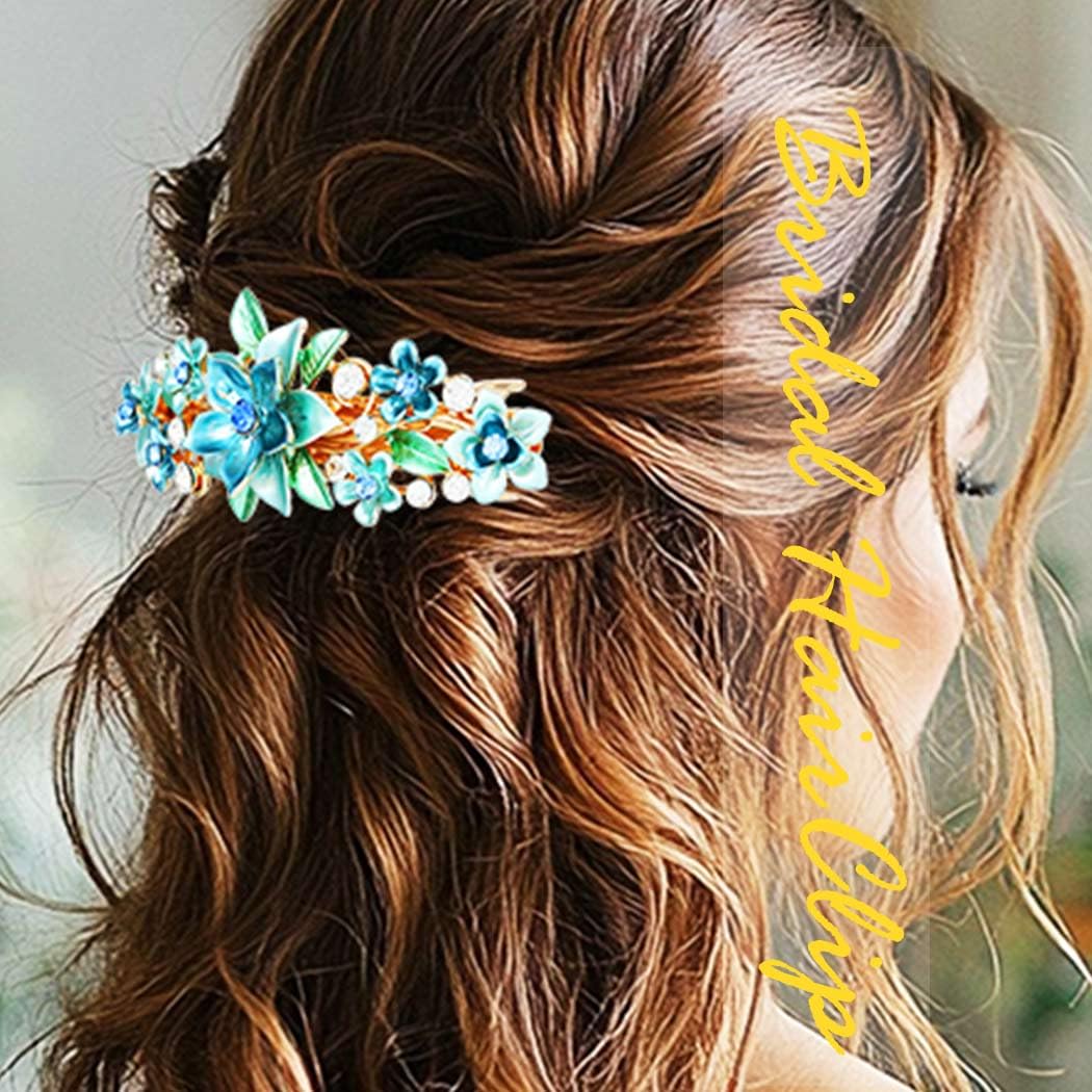 Jovono Flower French Hair Barrettes Gold Floral Wedding Hair Clips Crystal Vintage Hair Accessories for Women (2PCS) (Purple+Blue) - Image 2