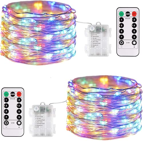 JMEXSUSS Paquete de 2 100 luces LED de 33 pies, funcionan con pilas, luces parpadeantes de Navidad para interiores con temporizador remoto, 8 modos