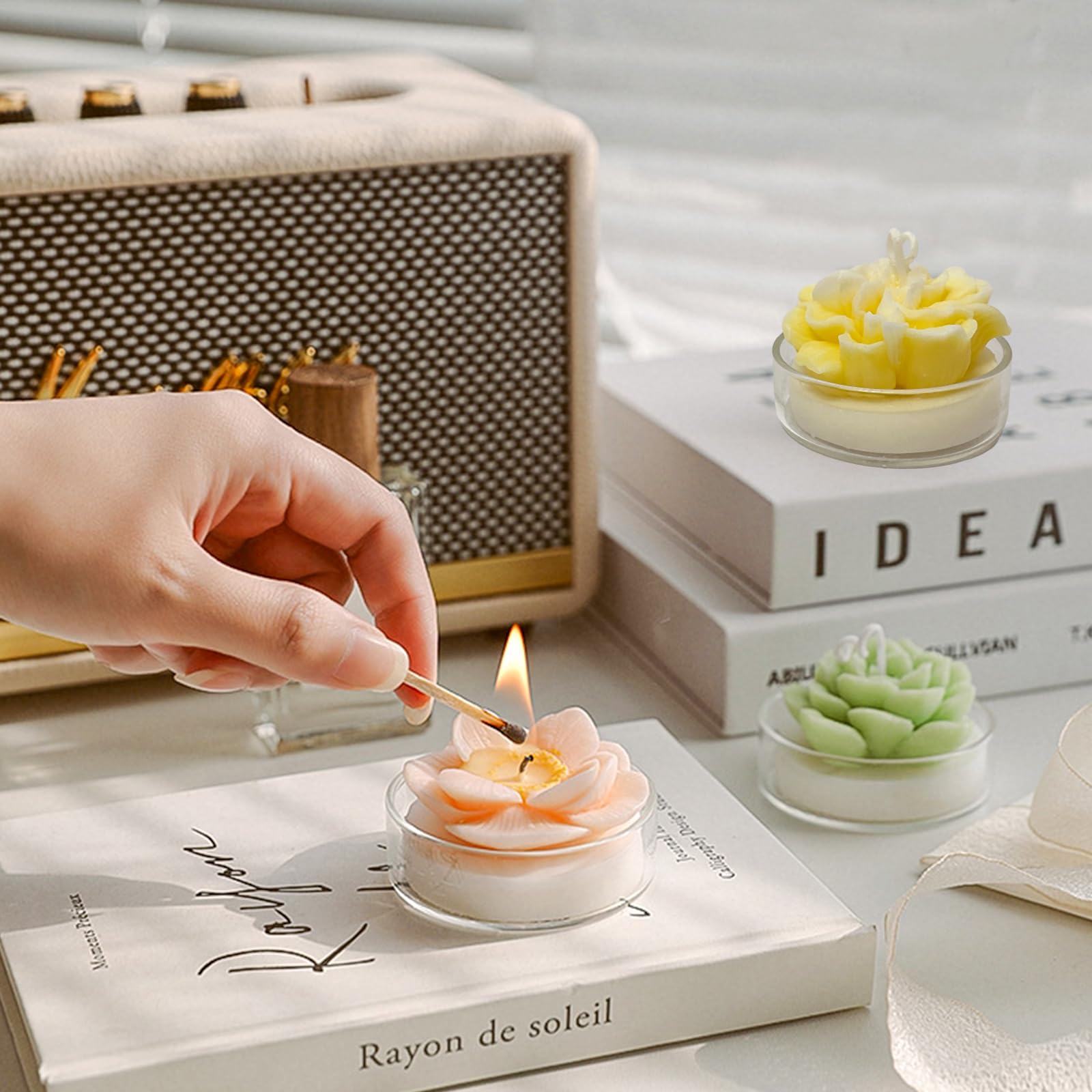 Realistic Succulent and Flower Candle Set in Glass Holder, 3 Pack Soy Wax Candle with Strong Scent for Home Fragrance, Décor and Gifting