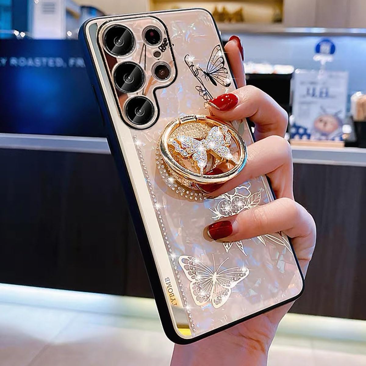 for Samsung Galaxy S25 Ultra Glitter Kickstand Case,Cute 3D Bling Marble Conch Floral Butterfly Ring Stand Mirror Elegant Shockproof Protective Case for Girls Women for Galaxy S25 Ultra, Gold - Image 3