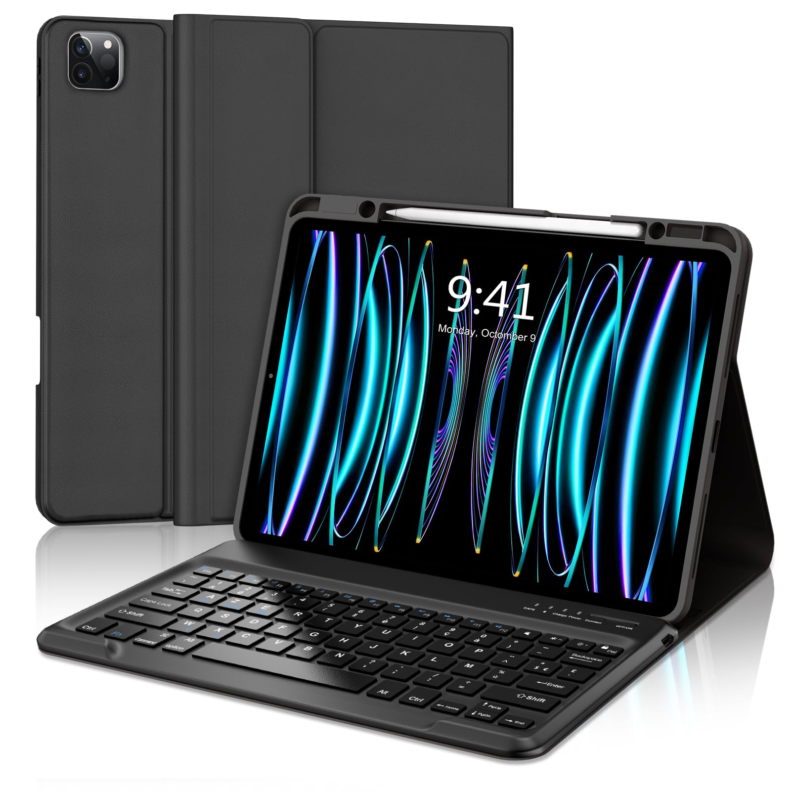 FOGARI Étui Clavier pour iPad Pro 12.9 2022/2021/2020/2018(6/5/4/3 Gén) | AZERTY Français Étui Clavier Magnétique Bluetooth sans Fil pour iPad Pro 12.9 6è/5è/4è/3è Gén, Noir