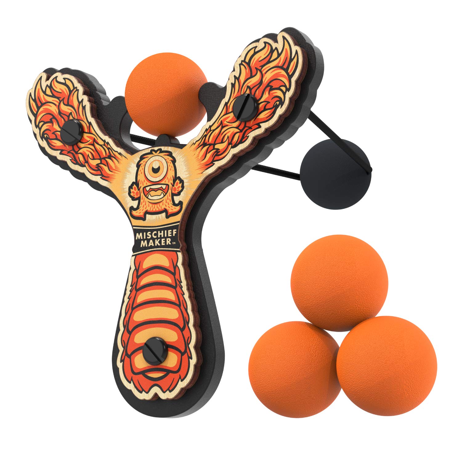 Mighty Fun! - Mischief Maker® Wooden Slingshot - Lil’ Monster Series - Real Wood Slingshot for Kids, 4 Soft Foam Balls and Storage Bag - Ages 4+ (Orange)