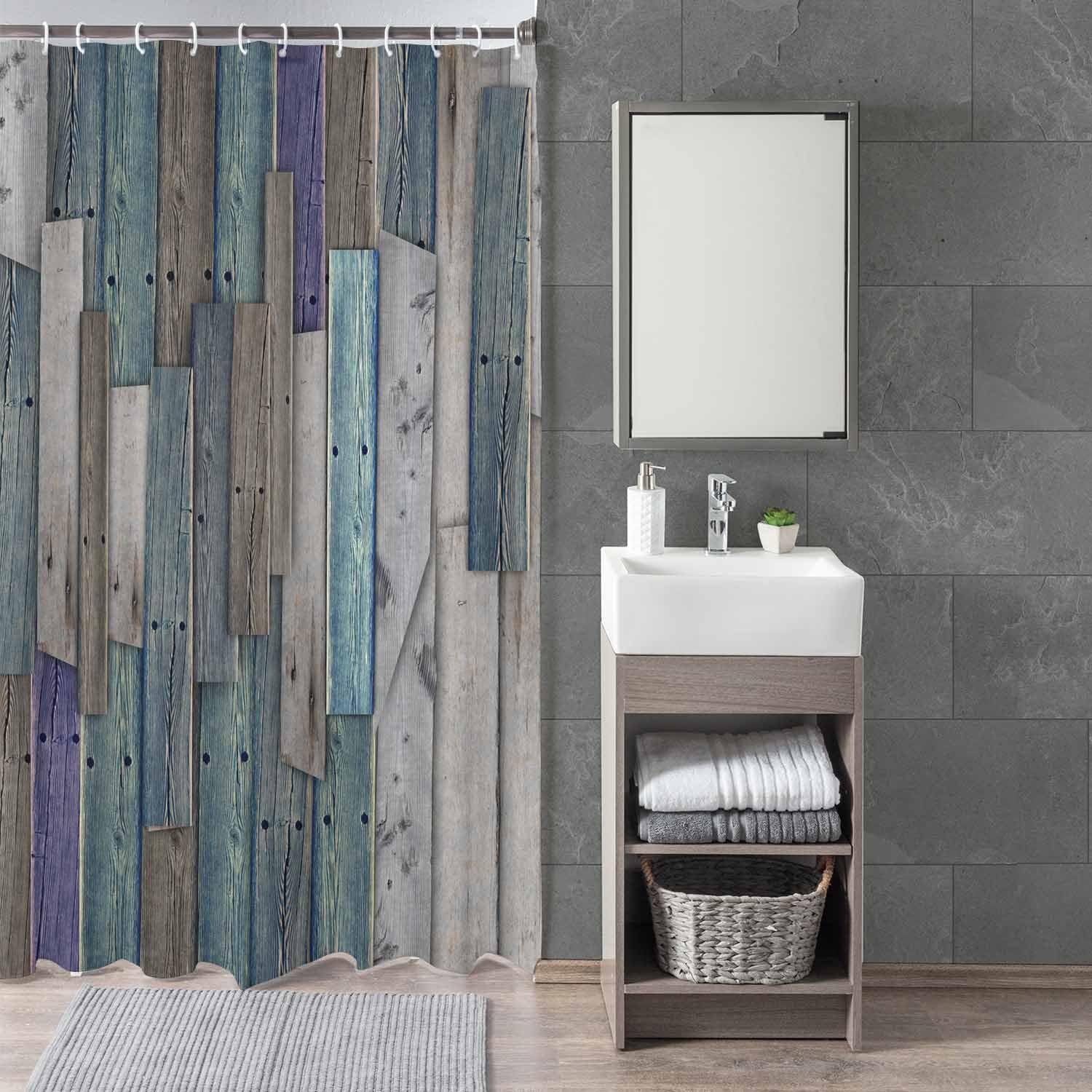 Woutay Shower Curtain Mould Proof Resistant Old Wooden Texture,Water Repellant Fabric,Polyester,with 12 Plastic Hooks,Size 180x180CM - Image 3